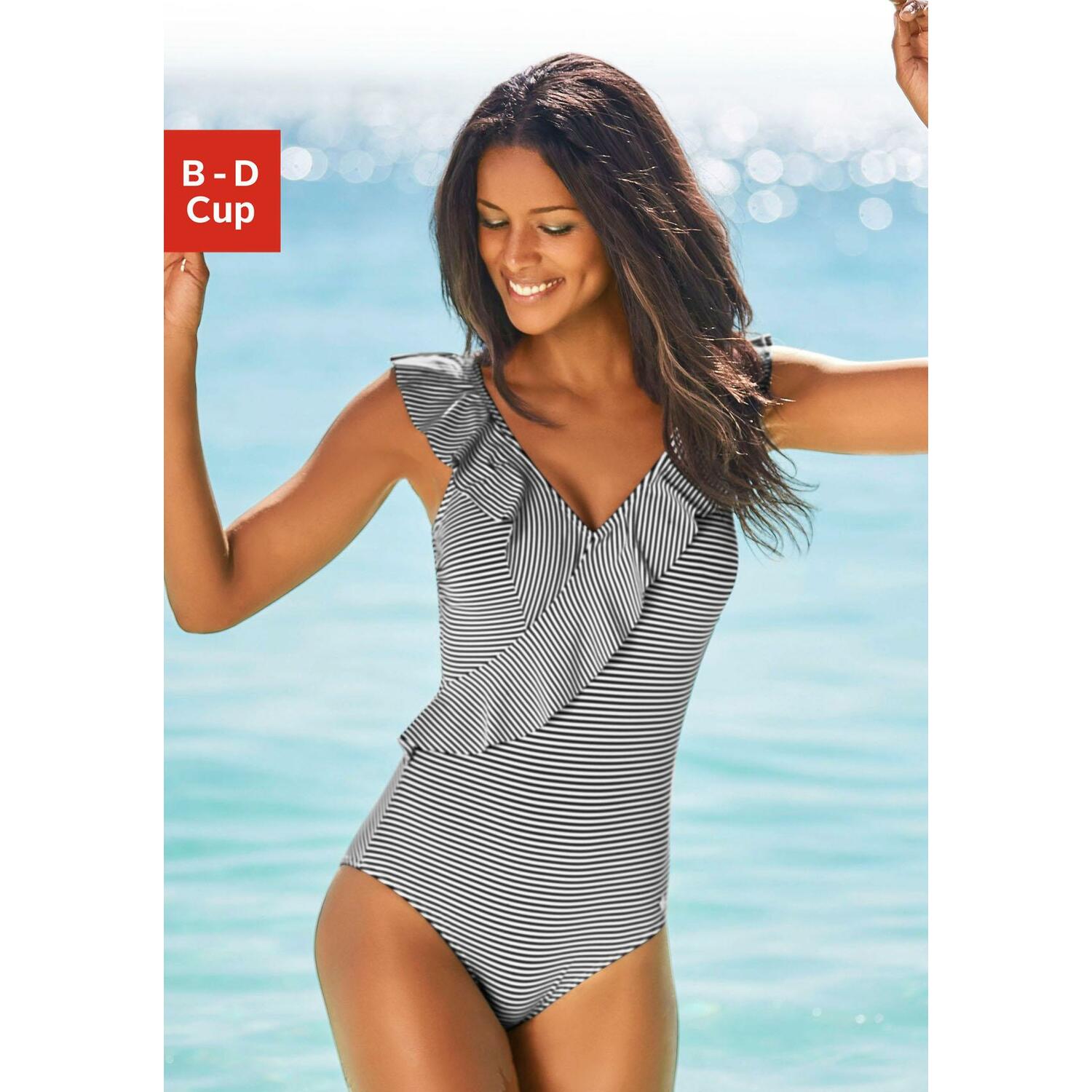 LASCANA Badeanzug Damen gestreift-schwarz-weiß Gr.44 Cup D von Lascana