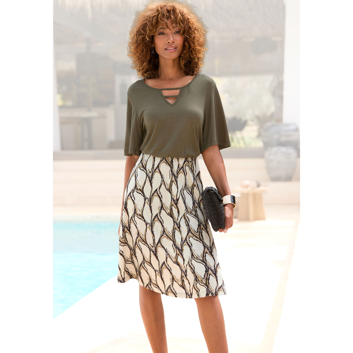 LASCANA Jerseykleid Damen creme-khaki bedruckt Gr.44 von Lascana
