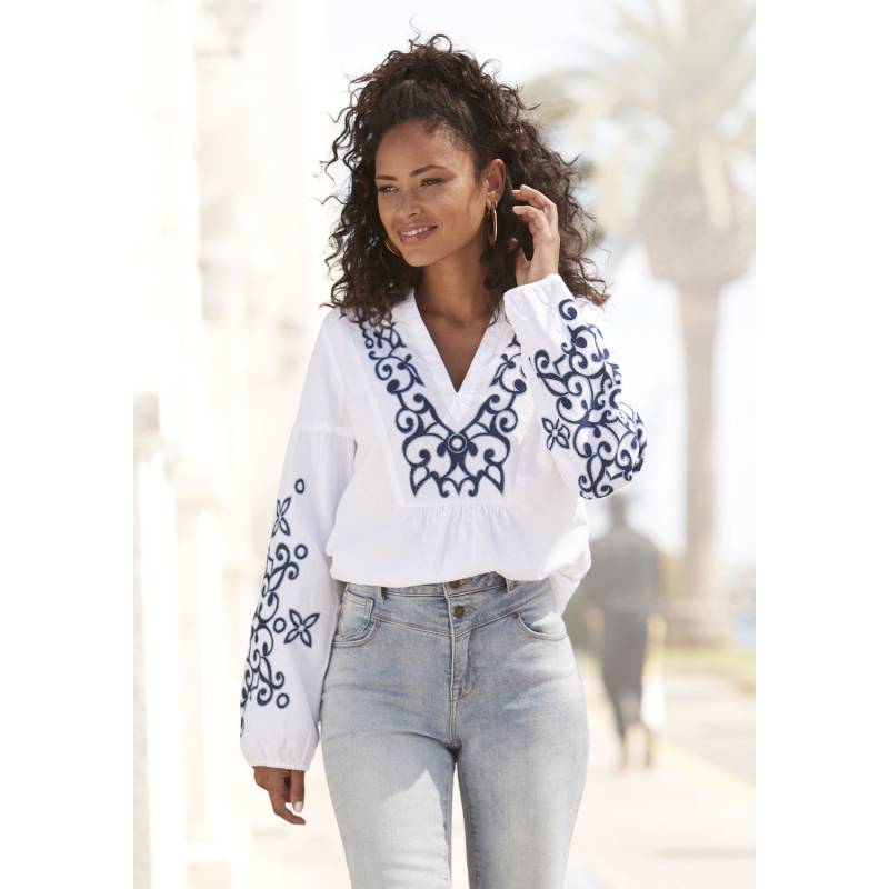 LASCANA Langarmbluse Damen weiß-blau Gr.38 von Lascana