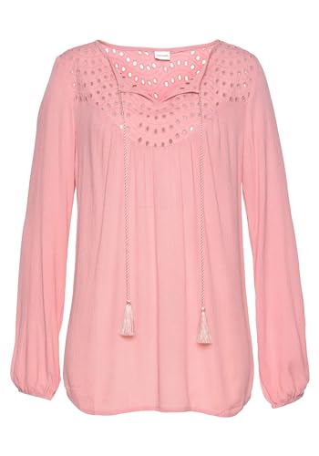 Lascana Damen Crepebluse mit Lochstickerei, v-Ausschnitt mit Bindeband und Quasten, Gummibund an den Ärmeln, angenehm locker sitzend von Lascana