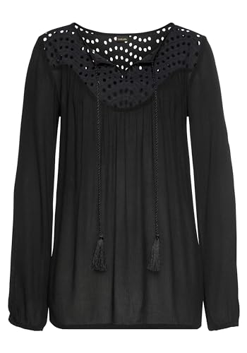 Lascana Damen Crepebluse mit Lochstickerei, v-Ausschnitt mit Bindeband und Quasten, Gummibund an den Ärmeln, angenehm locker sitzend von Lascana