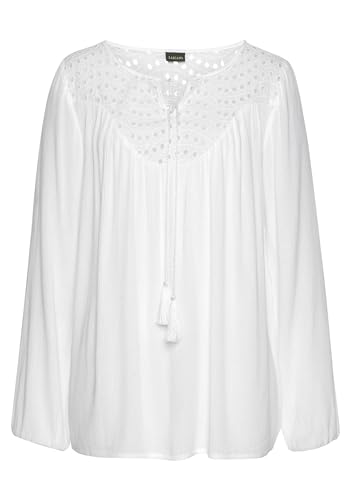 Lascana Damen Crepebluse mit Lochstickerei, v-Ausschnitt mit Bindeband und Quasten, Gummibund an den Ärmeln, angenehm locker sitzend von Lascana