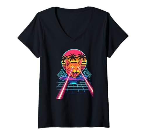Damen Laser Cat Eyes UFO Lustiger Katzenliebhaber der 80er T-Shirt mit V-Ausschnitt Damen Laser Cat Eyes UFO Lustiger Katzenliebhaber der 80er T-Shirt mit V-Ausschnitt von Laser Cat UFO Funny Retro 80s Vaporwave Style
