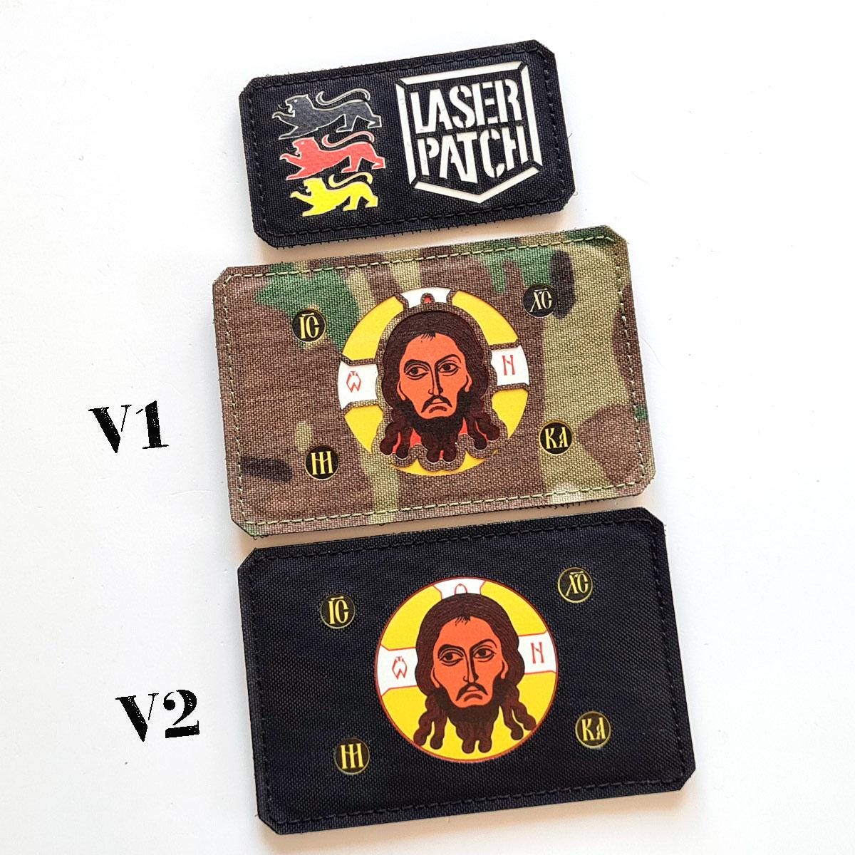 Isus Christ Holy Face Battle Flag 3, 5"x2" Icxc Nika Christogram Lasercut Patch With Velcro Isus Christ Holy Face Battle Flag 3, 5"x2" Icxc Nika Christogram Lasercut Patch With Velcro von LaserPatchCraft