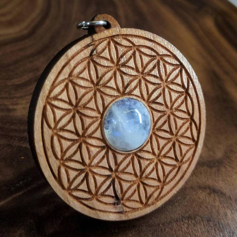 Blume Des Lebens Regenbogen Mondstein Kirsche Hartholz Anhänger - Natürlicher Laser-Schnitt Graviert Heilige Geometrie Symbol Holz Kristall Edelstein von LaserTrees