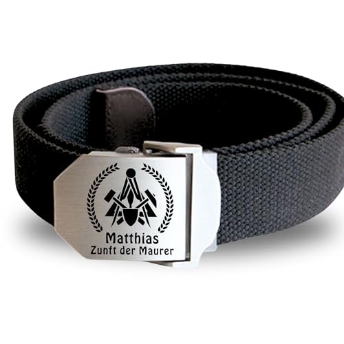 Gürtel Stoff Textil mit Edelstahlschnalle mit Gravur Maurer Zunftzeichen und Wunschtext personalisiert mit Name Workwear Arbeitshose Zünfte von Lasernauten