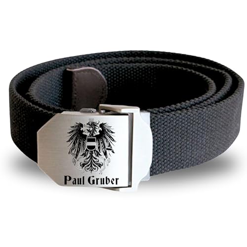 Gürtel mit Edelstahlschnalle mit Gravur Österreich und Name Wunschtext personalisiert Wappen Adler Workwear Stoffgürtel Austria Flagge Fahne von Lasernauten