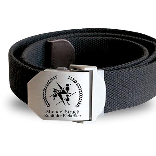 Lasernauten Gürtel Stoff Textil mit Edelstahlschnalle mit Gravur Elektriker Zunftzeichen und Wunschtext personalisiert Workwear Arbeitshose Elektroniker von Lasernauten