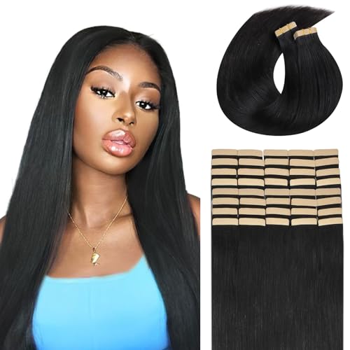 Lashey Haarverlängerungen Echthaar Natürlich Schwarz Gerade Tape Extensions Echthaar 55cm(22zoll) 40pcs 100g Echte Echthaar-Haarverlängerungen mit doppelseitigem Band für Frauen von Lashey