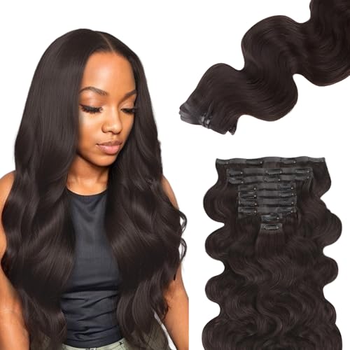 Lashey Nahtlose Clip-in-Haarverlängerung, Echthaar, 150 g, 55,9 cm, gewellt, Nr. 2, Dunkelbraun, Clip-in-Haarverlängerungen für Damen, PU-Haarverlängerung, 9 Stück von Lashey