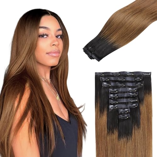Lashey Nahtlose Clip-in-Haarverlängerungen aus Echthaar, 130 g, 45,7 cm, Ombré-Naturschwarz bis mittelrotbraun, glatt, Clip-in-Haarverlängerungen für Damen, 9 Stück Lashey Nahtlose Clip-in-Haarverlängerungen aus Echthaar, 130 g, 45,7 cm, Ombré-Naturschwarz bis mittelrotbraun, glatt, Clip-in-Haarverlängerungen für Damen, 9 Stück von Lashey