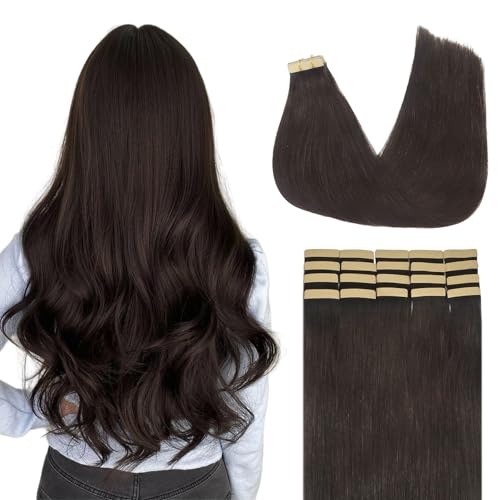 Lashey Tape Extensions Echthaar 35cm(14zoll) 20pcs 50g Glatt Echthaar Tape Extensions Dunkel Braun Haarverlängerungen Echthaar für Frauen Invisible and Skin Weft Tape ins von Lashey