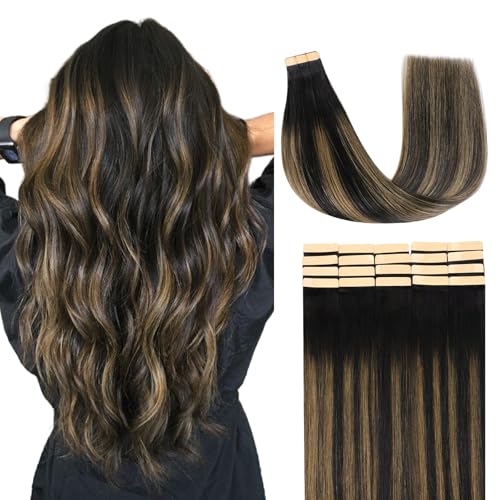 Lashey Tape Extensions Echthaar 40cm(16zoll) 20pcs 50g Glatt Echthaar Tape Extensions Balayage Natürliches Schwarz bis Hellblond Haarverlängerungen Echthaar für Frauen Invisible Tape ins von Lashey