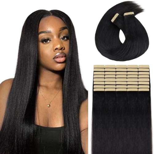 Lashey Tape Extensions Echthaar 55cm(22zoll) 40pcs 100g Yaki Glatt Echthaar Tape Extensions Natürlich Schwarz Haarverlängerungen Echthaar für Frauen Invisible and Skin Weft Tape ins von Lashey