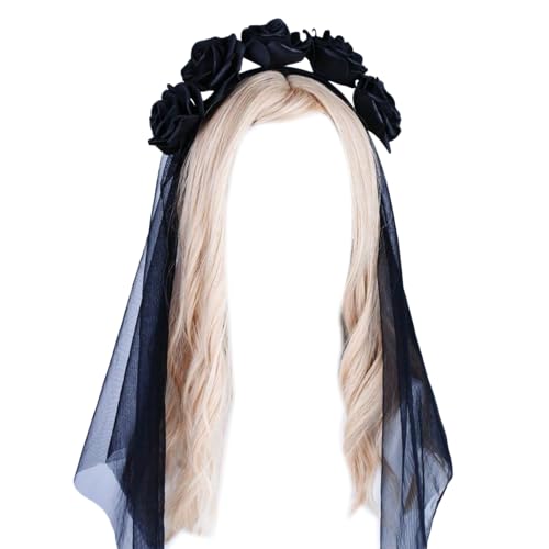 Laspi Halloween Stirnband Schleier Rose Stirnbänder LolitaStyle Requisiten Kopfschmuck Haarschleier Frauen Punk Cosplay Haarbänder Gothic Kopfschmuck Stirnband Halloween Make-up Zubehör von Laspi