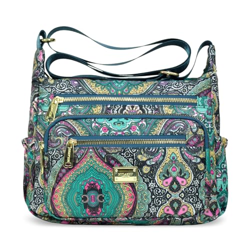 LassZone Crossbody-Tasche für Damen, wasserdicht, Nylon, Schulterhandtaschen, mehrere Taschen, lässige Kuriertasche, Blumenmuster, Reise-Geldbörse, Grün (Blumenmuster), Modern von LassZone