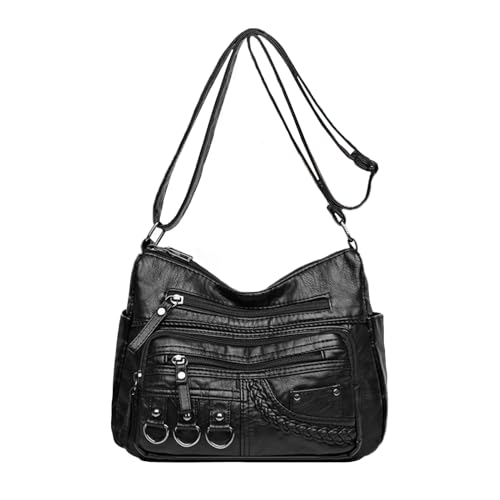 LassZone Damen-Handtasche aus Leder mit mehreren Taschen, wasserdicht, Hobo-Schultertasche mit verstellbarem Schultergurt, 02-schwarz, Medium von LassZone