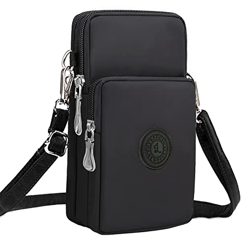 LassZone Damen Mädchen Reißverschluss Wasserdicht Nylon Crossbody Taschen Brieftasche Handy Geldbörse Schultertasche Handgelenk Handtaschen Outdoor Sport Armband Hülle für Handy, Schwarz - Schwarz von LassZone