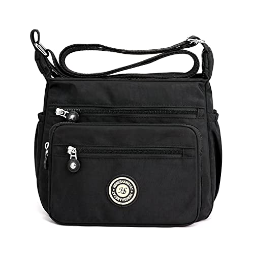 LassZone Damen Multi-Pocket Casual Crossbody Tasche Handtaschen Wasserdicht Nylon Schultertaschen Messenger Reisetasche für Einkaufen Wandern Alltag, Schwarz , Medium von LassZone