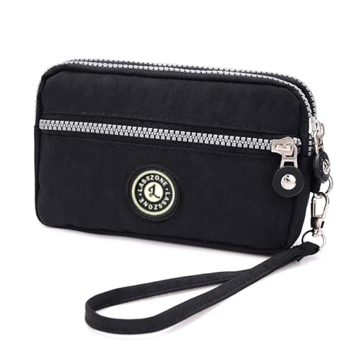 LassZone Damen Nylon Smartphone Handgelenktasche Drei Rei脽verschl眉sse Lange Clutch b枚rsen f眉r Handy, Karte, , M眉nzen, Rechnungen, Schwarz (Schwarz) - SUB-GB208-01 von LassZone