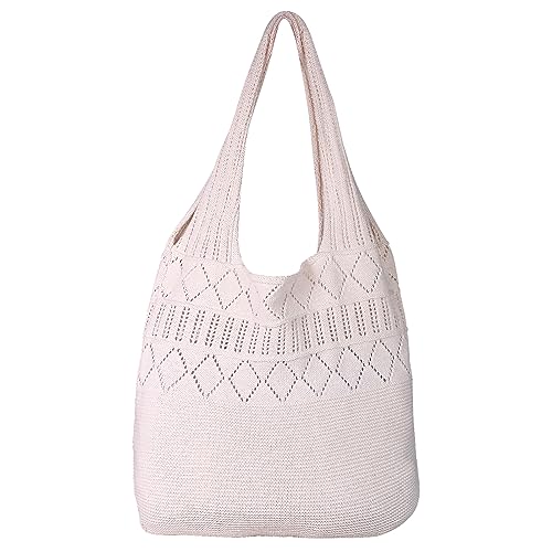 LassZone Häkel-Tragetasche, Damen-Netz-Strandtasche, Boho-Strick-Umhängetasche, ästhetische Strick-Tragetasche, Handtasche, Sommer, Urlaub, Hobo Y2k Geldbörse für Mädchen, 01-beige, Large von LassZone