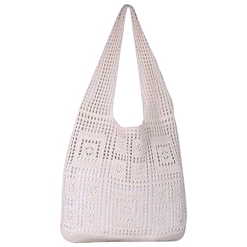 LassZone Häkel-Tragetasche, Damen-Netz-Strandtasche, Boho-Strick-Umhängetasche, ästhetische Strick-Tragetasche, Handtasche, Sommer, Urlaub, Hobo Y2k Geldbörse für Mädchen, 03-Beige, Large von LassZone