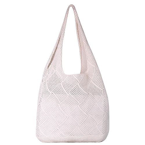 LassZone Stilvolle gestrickte Umhängetasche für Frauen - Große Größe Webart Griff Totes Casual Sommer Tasche Hohl Handtasche Festival Tasche, 05-beige, Large von LassZone