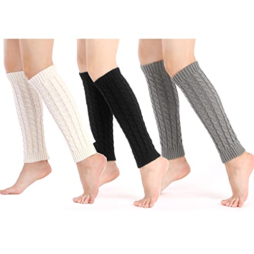 Lassuzie 3 Paare Stulpen Damen Winter Beinwärmer, Stricken Beinstulpen Leg Warmers Socken Stricken Legwarmers Frauen Mädchen für Winterwärmer（Schwarz Weiß Grau） von Lassuzie