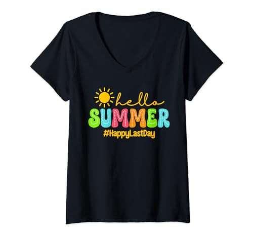 Damen Hallo Sommer, alles Gute zum letzten Schultag, farbenfrohe Lehrerin T-Shirt mit V-Ausschnitt von Last Day of School Teachers