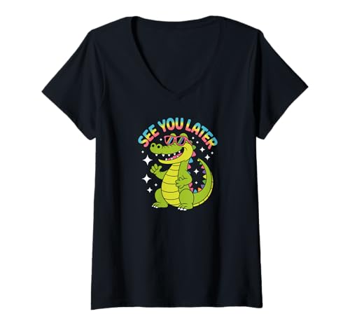 Damen See You Later Teacher Summer Alligator Last Day Of School T-Shirt mit V-Ausschnitt Damen See You Later Teacher Summer Alligator Last Day Of School T-Shirt mit V-Ausschnitt von Last Day of School Tee Teacher Student