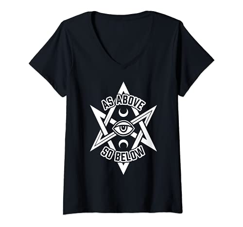 Damen As Above So Below Unicursal Hexagram With Eye And Moons T-Shirt mit V-Ausschnitt von Last Gasp Graphics