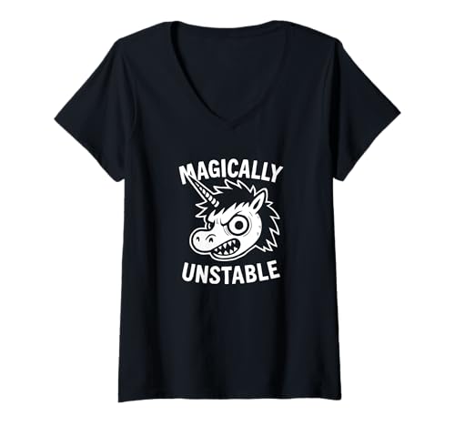 Damen Magically Unstable Angry Unicorn T-Shirt mit V-Ausschnitt von Last Gasp Graphics