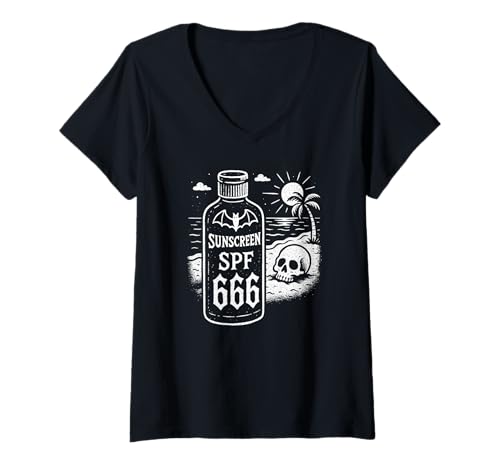 Damen Summer Goth Sunscreen SPF 666 T-Shirt mit V-Ausschnitt Damen Summer Goth Sunscreen SPF 666 T-Shirt mit V-Ausschnitt von Last Gasp Graphics