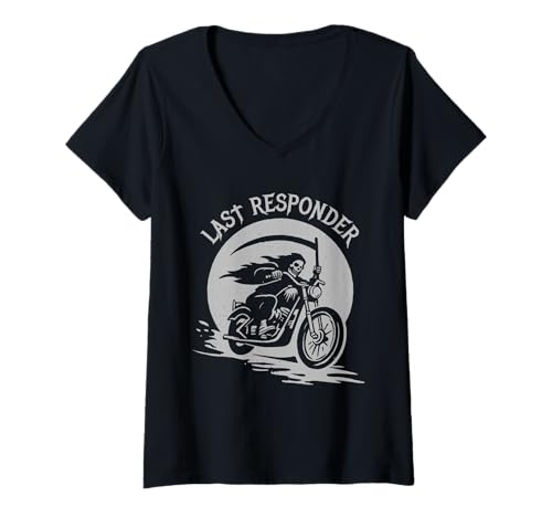 Damen Funny Grim Reaper Last Responder Goth Dad Vintage Graphic T-Shirt mit V-Ausschnitt Damen Funny Grim Reaper Last Responder Goth Dad Vintage Graphic T-Shirt mit V-Ausschnitt von Last Responder Skeleton Dark Humor Merch
