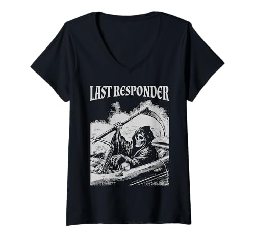 Damen Funny Grim Reaper Last Responder Goth Dad Vintage Graphic T-Shirt mit V-Ausschnitt von Last Responder Skeleton Dark Humor Merch