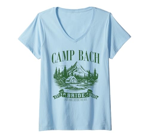Damen Camp Bach Braut Wandern Camping Junggesellenabschied 2025 T-Shirt mit V-Ausschnitt Damen Camp Bach Braut Wandern Camping Junggesellenabschied 2025 T-Shirt mit V-Ausschnitt von Last Trail Camp Bach Camping Bachelorette Party