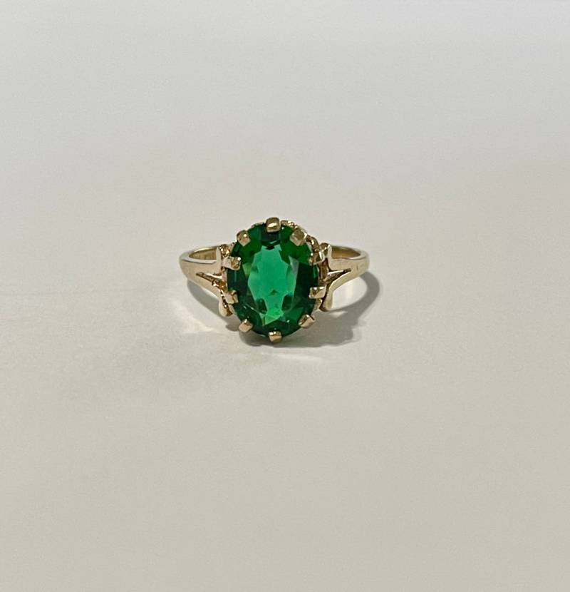 Simulierter Smaragd Ring - Vintage Gelb 10K Gold Grün Glas Statement 1940Er Jahre Größe 6 1/2 May Birthstone Fine Jewelry von LastCenturyJewels