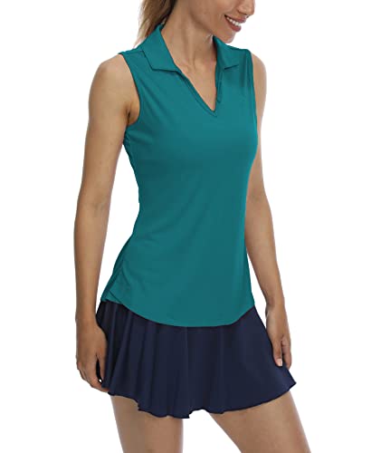 LastFor1 Damen Ärmellos Polo Golf Shirts Quick Dry 50+ UV Schutz V-Ausschnitt mit Kragen Leichte Tennis Tank Tops, Dschungelgrün, XX-Large von LastFor1