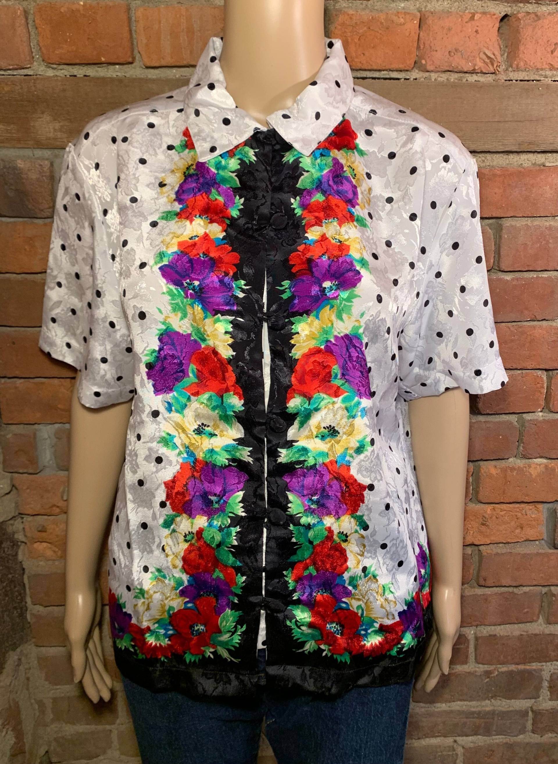 Vintage 1980Er Weiß Und Schwarz Orientalisch Polka Dot Floral Kurzarm Bluse Laura Jayne Kollektion Damen Größe 6 von LastWordThreads