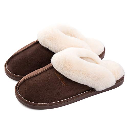 Lastia Damen Hausschuhe Winter Warm Faux Pelz Slipper Weiche Flache Plüsch Pantoffel Rutschfeste Outdoor/Indoor- 36.5/38 EU, Etikettgröße: 270 (40-41) , Dunkelbraun von Misolin