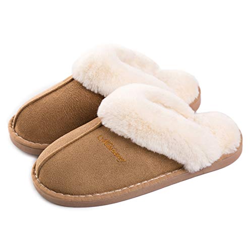 Lastia Damen Hausschuhe Winter Warm Faux Pelz Slipper Weiche Flache Plüsch Pantoffel Rutschfeste Outdoor/Indoor- 36.5/38 EU, Etikettgröße: 270 (40-41) , Hellbraun von Misolin