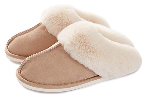 Misolin Damen Hausschuhe Winter Warm Faux Pelz Slipper Weiche Flache Plüsch Pantoffel rutschfeste Outdoor/Indoor- 40.5/42 EU, Etikettgröße: 290 (44-45), Khaki 05 von Misolin