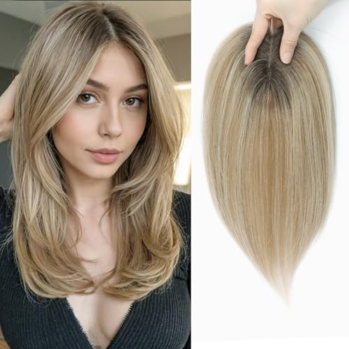 Haaraufsatz für Damen, flauschig, Echthaar, 25,4 cm, handgefertigt, Schweizer Basis, 360°-Abdeckung, Haarausfall und graues Haar (Honigblond mit dunkelbrauner Wurzel) von Lasunork