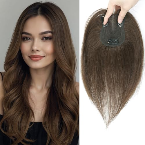 Haaraufsatz für Damen, flauschig, Echthaar, 25,4 cm, handgefertigt, Schweizer Basis, 360°-Abdeckung, Haarausfall und graues Haar (Mittelbraun) von Lasunork