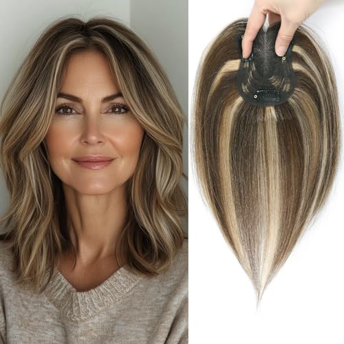 Haaraufsatz für Damen, flauschig, Echthaar, 25,4 cm, handgefertigt, Schweizer Basis, 360°-Abdeckung, Haarausfall und graues Haar (Mittelbraun mit Highlight) von Lasunork