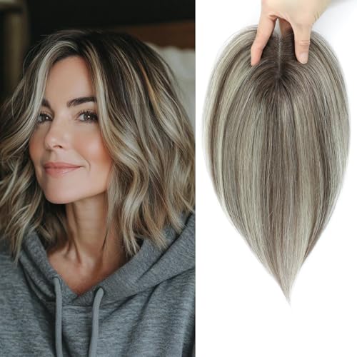 Haaraufsatz für Damen, flauschig, Echthaar, 25,4 cm, handgefertigt, Schweizer Basis, 360°-Abdeckung, Haarausfall und graues Haar (Ombré-Braun mit blonden Highlight) von Lasunork