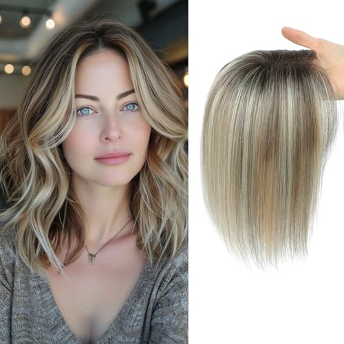 Haaraufsatz für Damen, flauschiger Echthaar, 25,4 cm, handgefertigt, Schweizer Basis, 360°-Abdeckung, Haarausfall und graues Haar (Ombré-Hellbraun mit blonden Highlight) von Lasunork