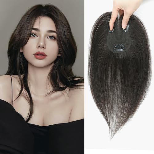 Haaraufsatz für Damen, flauschiger Echthaar, 25,4 cm, handgefertigt, Schweizer Basis, 360°-Abdeckung, Haarausfall und graues Haar (dunkelbraun) von Lasunork