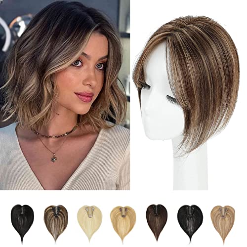 Haaraufsatz für dünner werdendes Haar, Echthaarteile für Damen, Echthaar-Topper für zusätzliches Haarvolumen, Schweizer Basis-Clip-in-Haarverlängerung, 25,4 cm (Mittelbraun gemischt) von Lasunork
