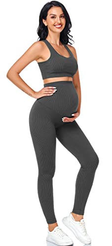 2-teiliges Umstands-Outfit-Set für Damen, BH und Shorts für Schwangerschaft, Yoga, Workout, Loungewear Sets, Dackgrey, Large von Lataly